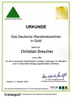 Deutsches Wanderabzeichen in Gold zum 5. Mal