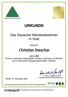 Deutsches Wanderabzeichen in Gold zum 9. Mal