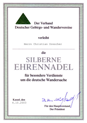 Urkunde zur Silbernen Ehrennadel des Deutschen Wanderverbandes